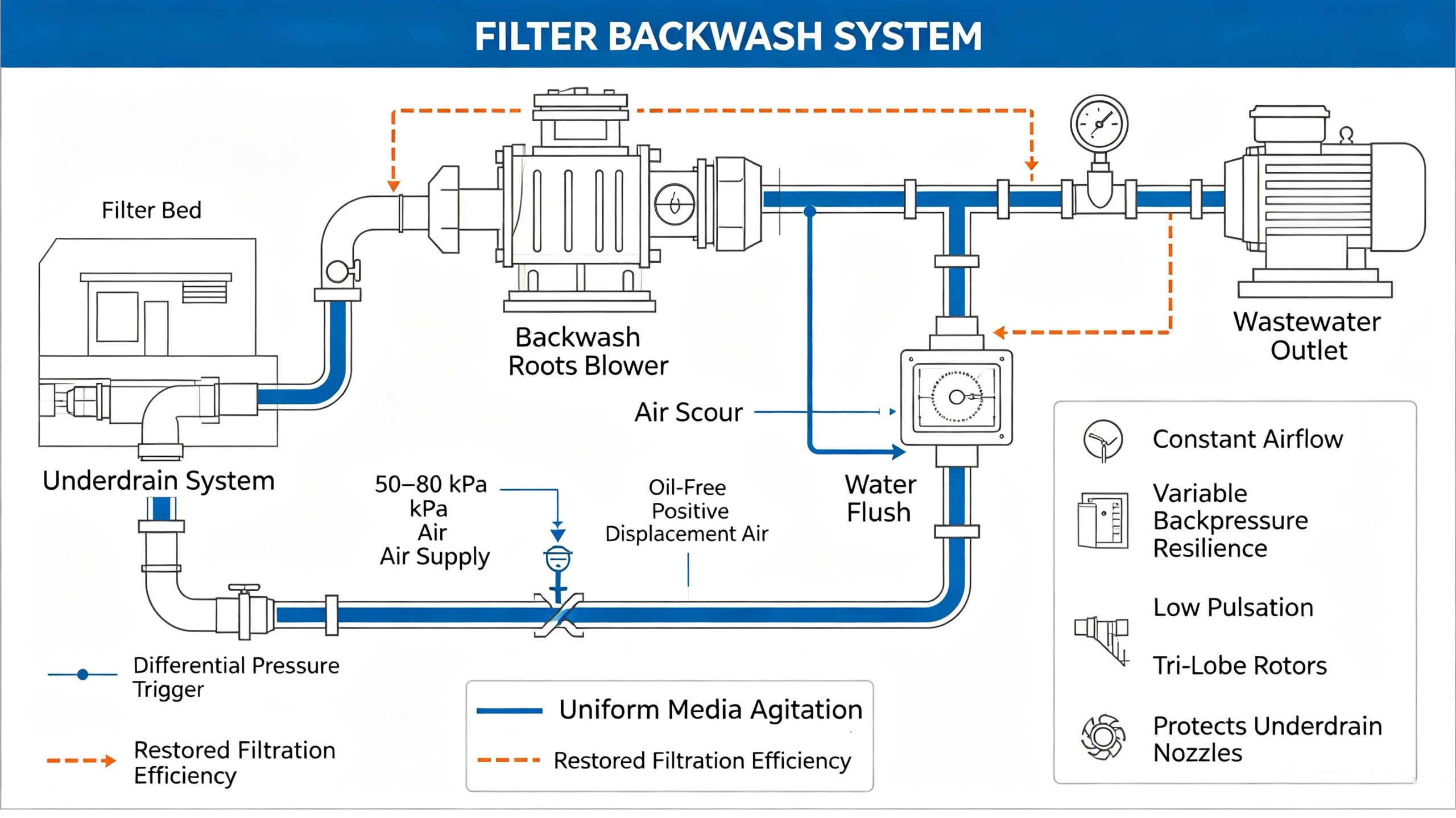 Backwash roots blower